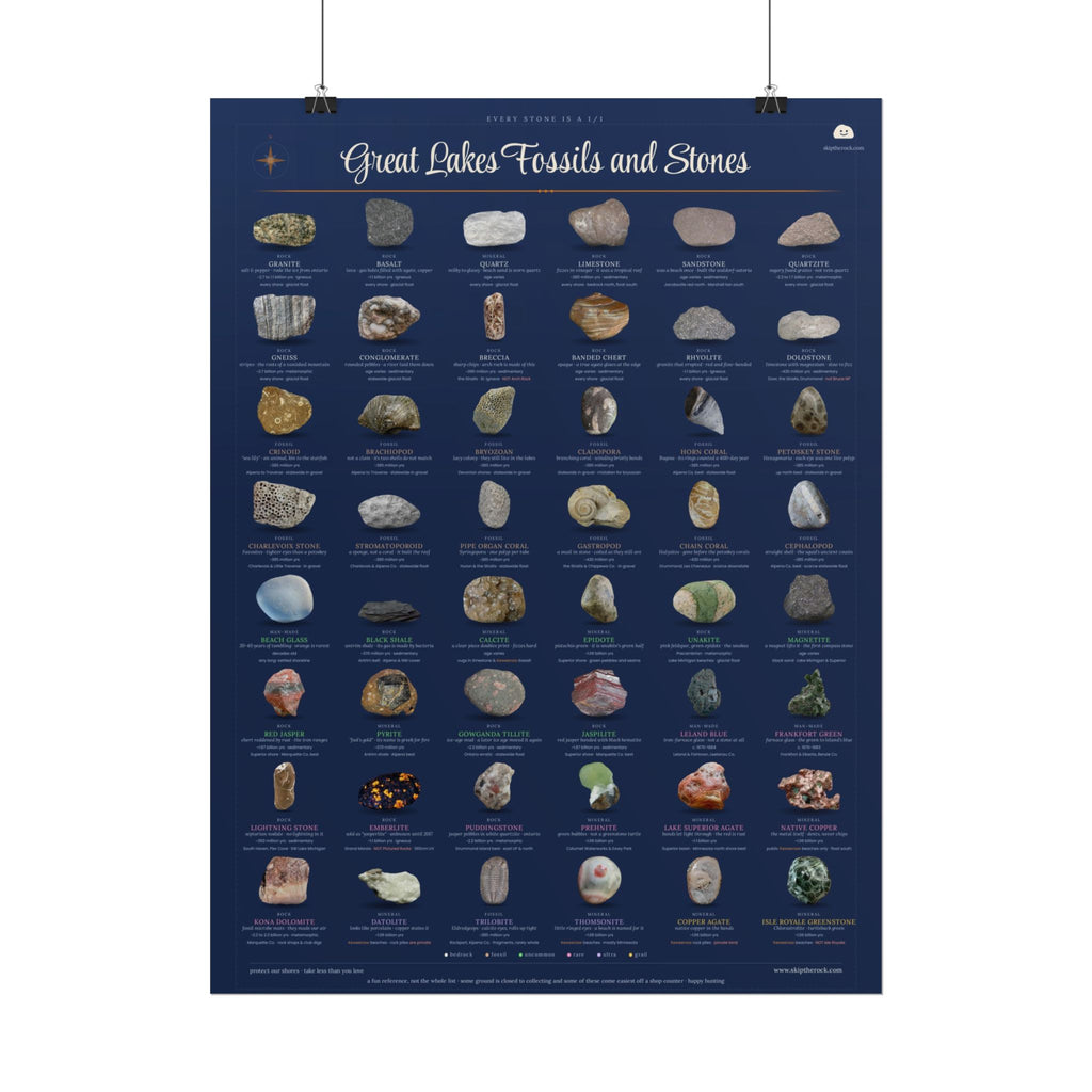 Great Lakes Fossils and Stones · 18x24 field guide poster · 48 michigan rocks, minerals and fossils