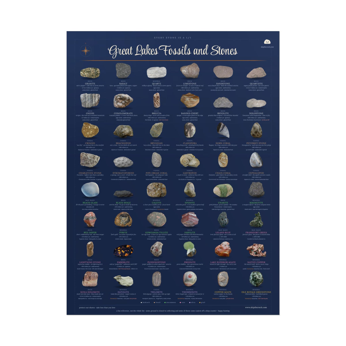 Great Lakes Fossils and Stones · 18x24 field guide poster · 48 michigan rocks, minerals and fossils