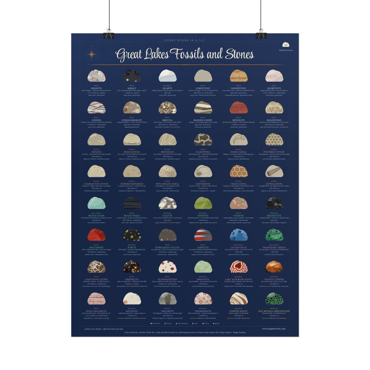 Great Lakes Fossils and Stones · 18x24 illustrated field guide poster · 48 michigan rocks, minerals and fossils